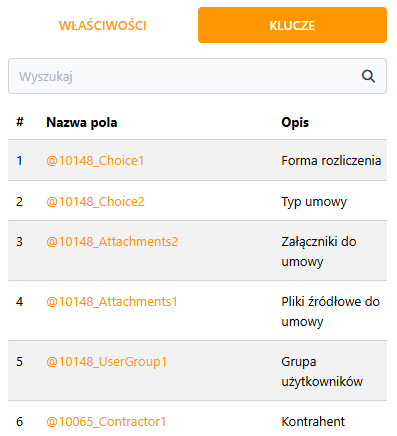 Przykład zakładki Klucze